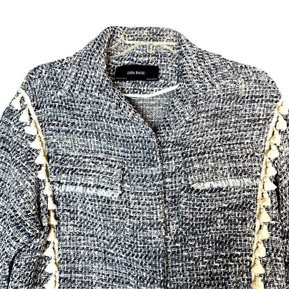 ZARA Oversize Tweed Blue and White Fringe Tassels Blazer Jacket - Picture 4 of 11